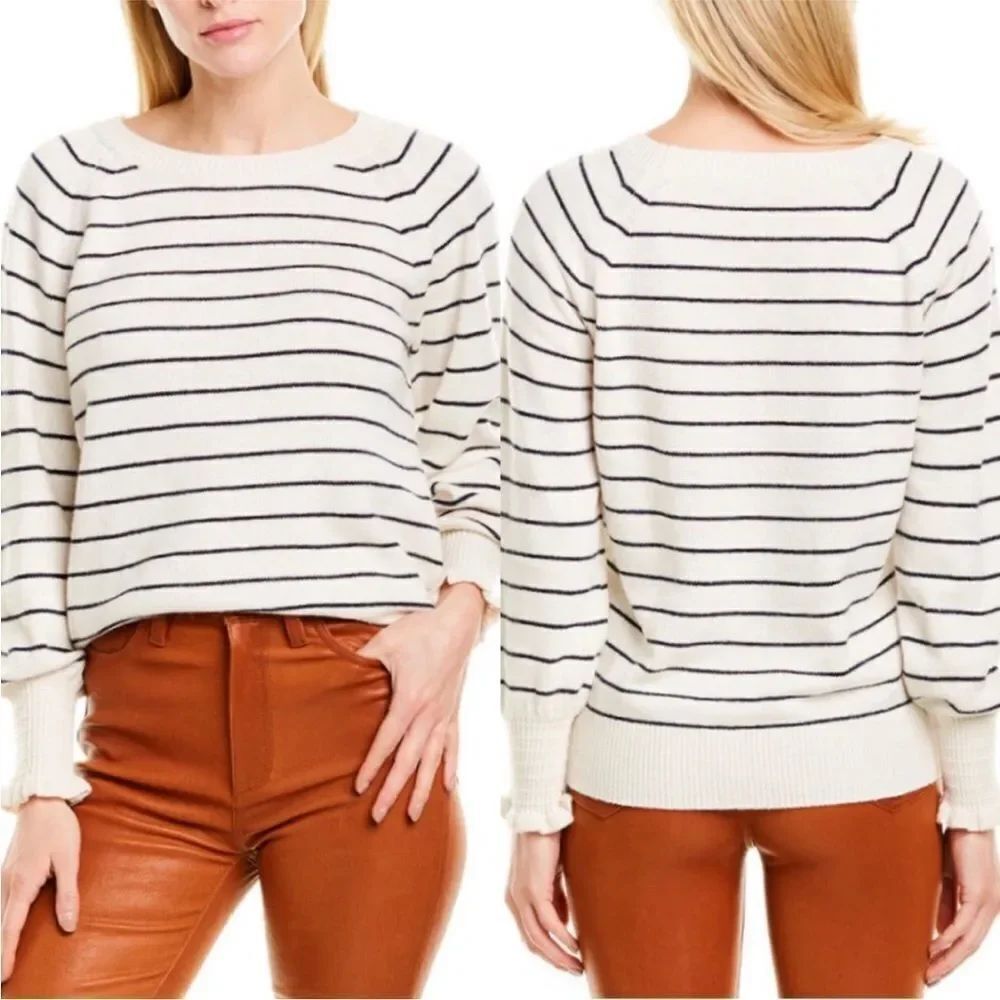 REBECCA TAYLOR | Merino Wool Striped Cream & Navy Blue Sweater Women’s Size M